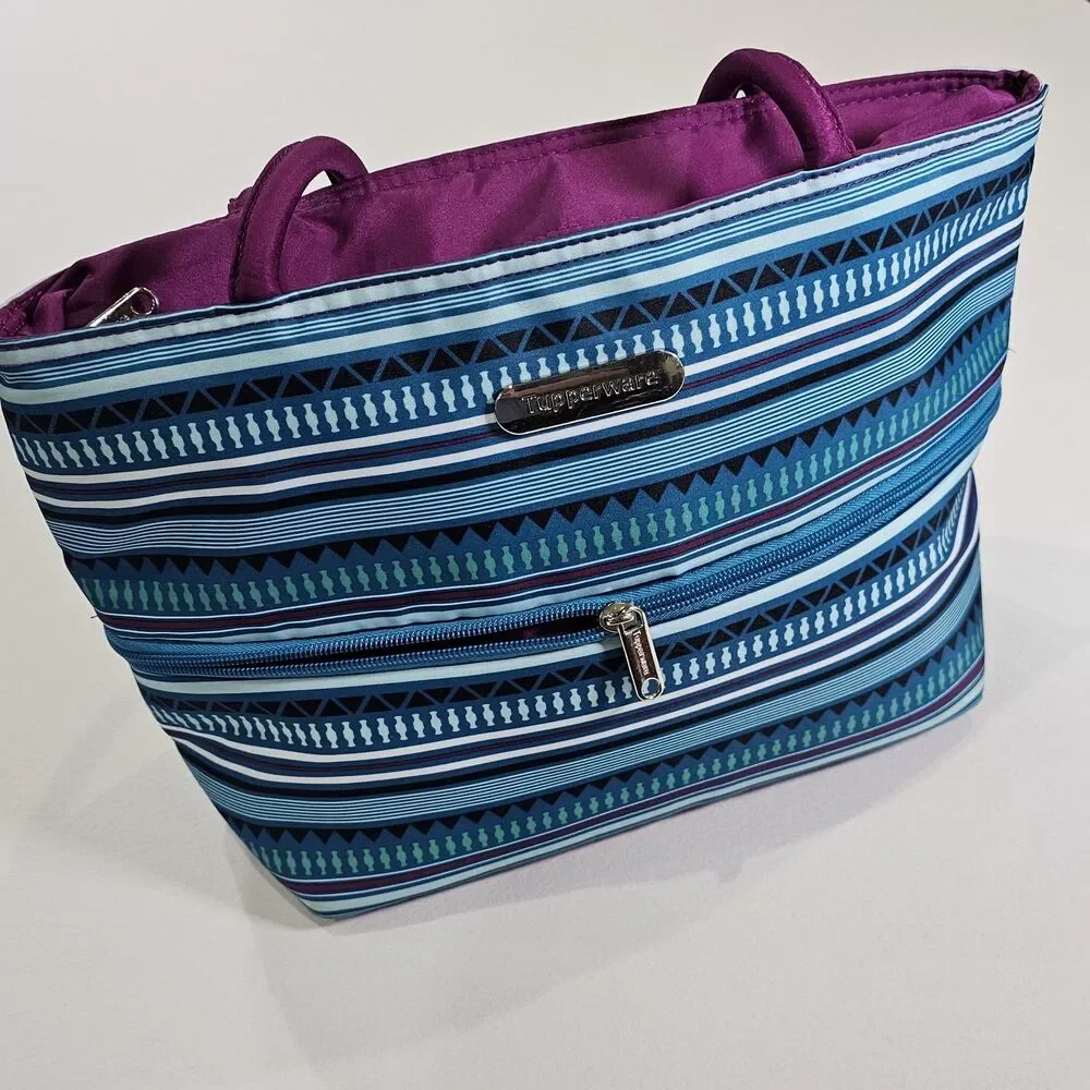 Tupperware Stylish Stripes Expandable  Insulated Lunch Tote Bag Blue Pink Green